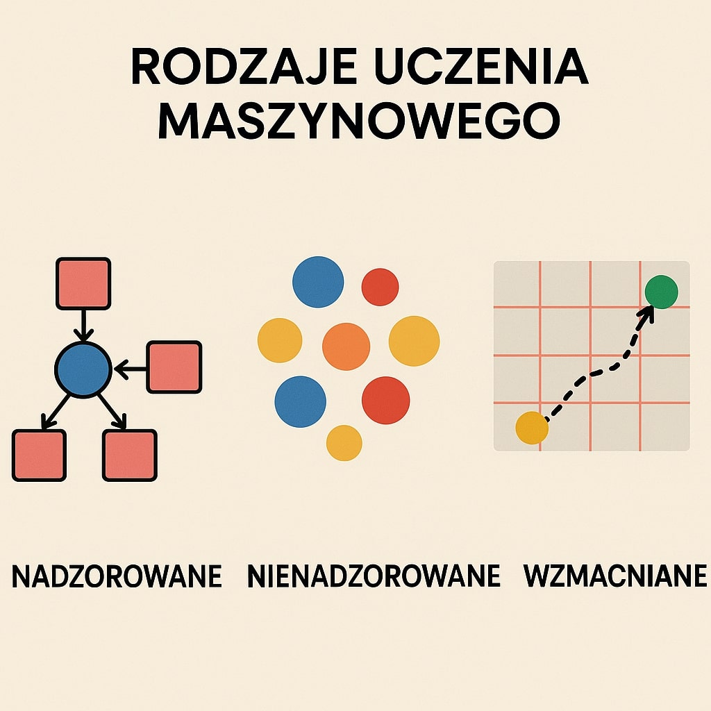 Rodzaje uczenia maszynowego nadzorowane, nienadzorowane i wzmacniane.